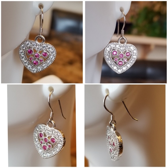 Genuine Ruby & White Sapphire Earrings 3/4" - Picture 2 of 3